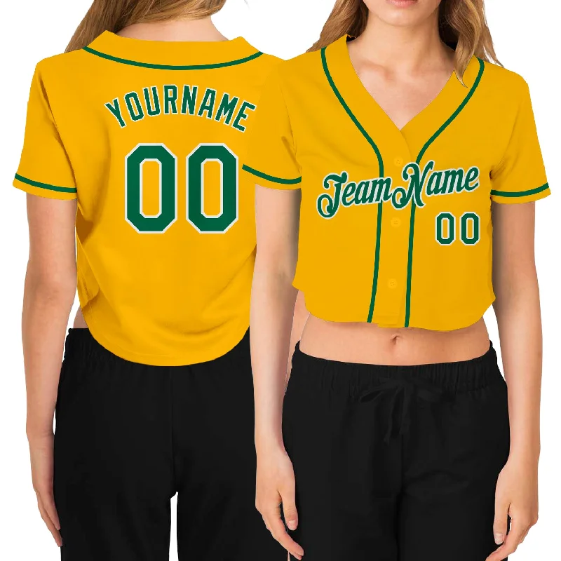 Lightweight Baseball Jersey for Fast-Paced Games-Custom Women's Gold Kelly Green-White V-Neck Cropped Baseball Jersey