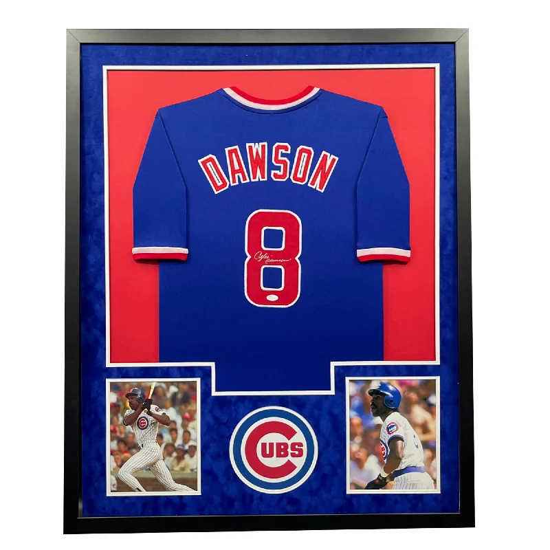 Custom-Made Baseball Jersey for Special Occasions-Andre Dawson Signed Chicago Blue Custom Suede Framed baseball Jersey (JSA)