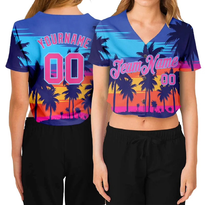 Breathable Baseball Jersey for Active Players-Custom Women's Royal Pink-Light Blue Hawaii Palm Trees 3D V-Neck Cropped Baseball Jersey