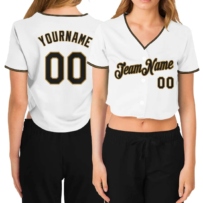 Baseball Jersey for Casual Everyday Wear-Custom Women's White Black-Old Gold V-Neck Cropped Baseball Jersey