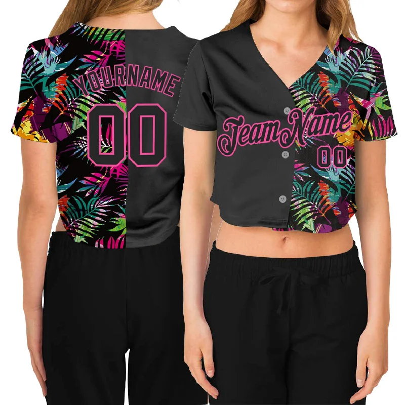 Baseball Jersey for Family Events and Gatherings-Custom Women's Black Black-Pink Tropical Palm Leaves 3D V-Neck Cropped Baseball Jersey