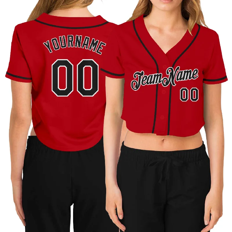 Custom Printed Baseball Jersey for Special Teams-Custom Women's Red Black-White V-Neck Cropped Baseball Jersey