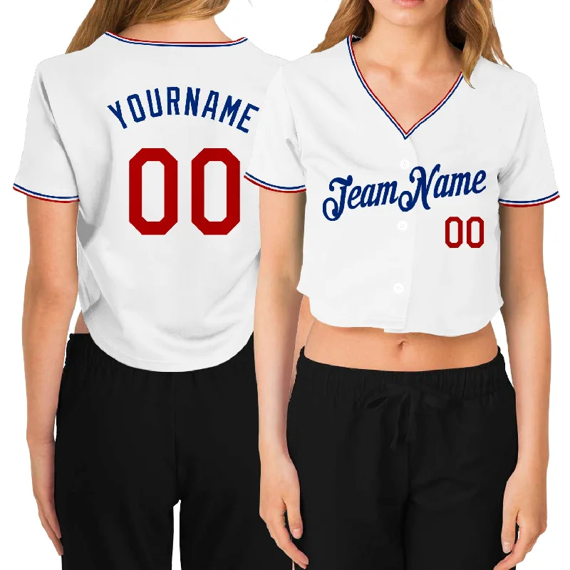 Lightweight Baseball Jersey for Fast-Paced Games-Custom Women's White Red-Royal V-Neck Cropped Baseball Jersey