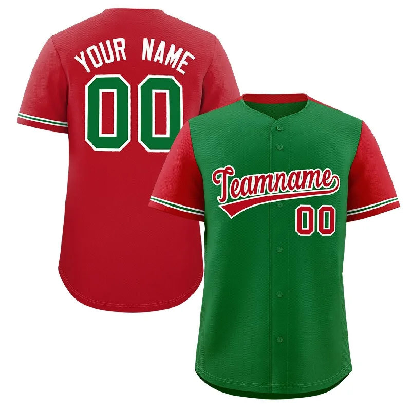 Official Team Baseball Jersey for Supporters-Custom Kelly Green Red Color Block Personalized Raglan Sleeves Authentic Baseball Jersey