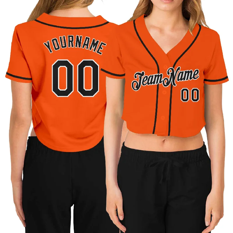 Soft Cotton Blend Baseball Jersey for Comfort-Custom Women's Orange Black-White V-Neck Cropped Baseball Jersey