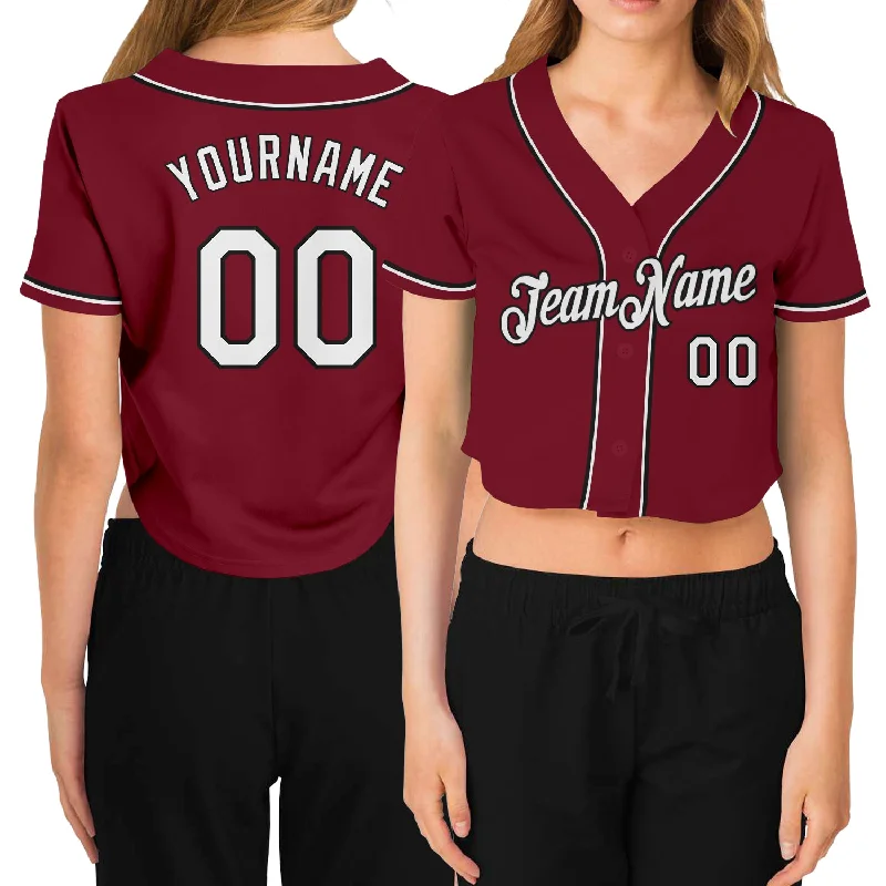 Premium Baseball Jersey for Professional Players-Custom Women's Crimson White-Black V-Neck Cropped Baseball Jersey