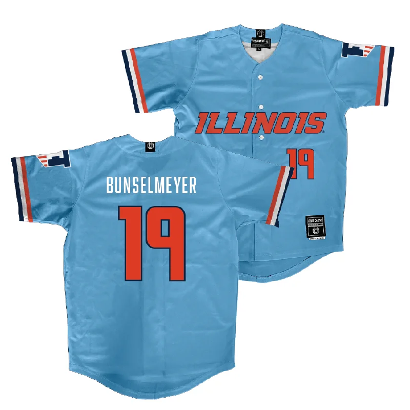 Long Sleeve Baseball Jersey for Cooler Weather-Illinois Light Blue Baseball Jersey - Korey Bunselmeyer #19