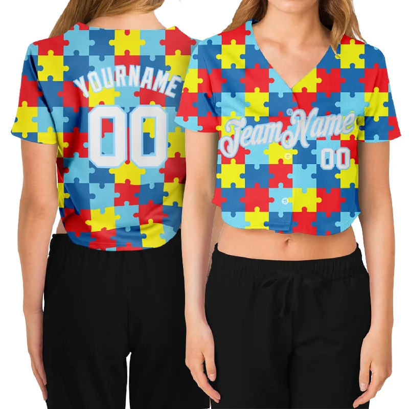 Youth Baseball Jersey with Personalized Design-Custom Women's Autism Awareness Puzzle Pieces White-Light Blue 3D V-Neck Cropped Baseball Jersey