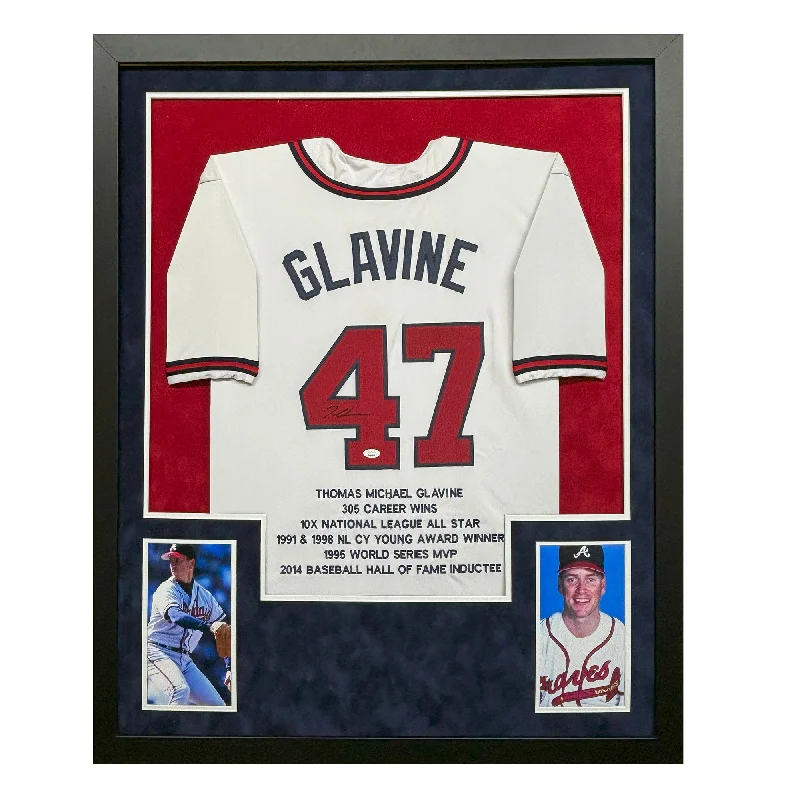 All-Black Baseball Jersey for a Bold Look-Tom Glavine Signed Atlanta White Stat Custom Suede Matte Framed Baseball Jersey (JSA)