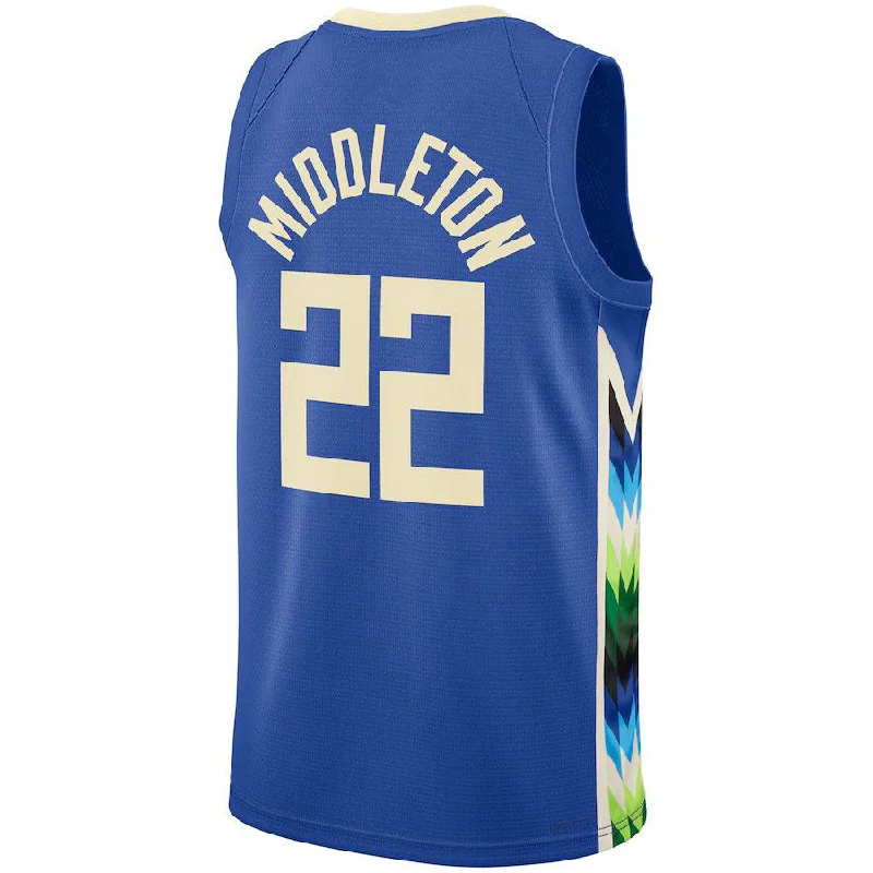 Basketball Jersey for Casual Weekend Wear-M.Bucks #22 Khris Middleton Unisex 2022-23 Swingman Jersey City Edition Royal Stitched American Basketball Jersey