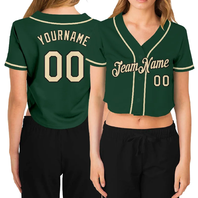 Soft Baseball Jersey for Warm Weather Play-Custom Women's Green Cream-Black V-Neck Cropped Baseball Jersey