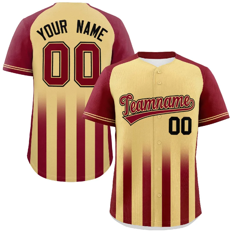 Comfortable Baseball Jersey for Softball Players-Custom Khaki Crimson Raglan Sleeves Gradient Thick Stripe Authentic Baseball Jersey