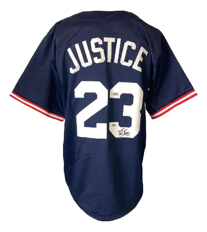 Baseball Jersey with Custom Logo for Teams-David Justice Atlanta Signed Navy Blue Baseball Jersey Sports Integrity