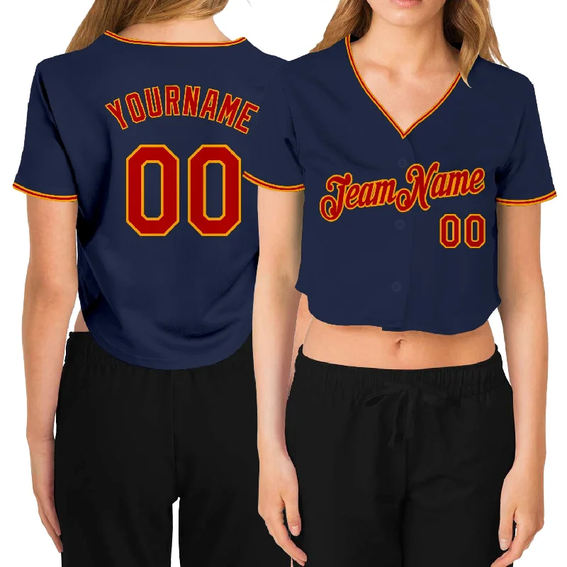 Customizable Baseball Jersey for School Teams-Custom Women's Navy Red-Gold V-Neck Cropped Baseball Jersey