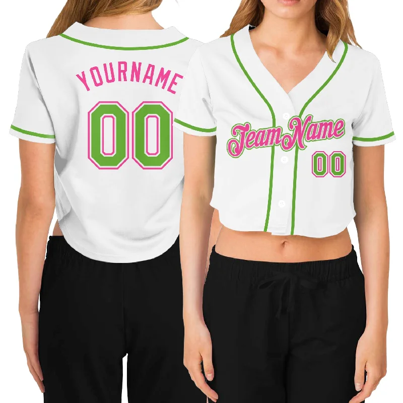 Mesh Baseball Jersey for Breathability and Comfort-Custom Women's White Neon Green-Pink V-Neck Cropped Baseball Jersey