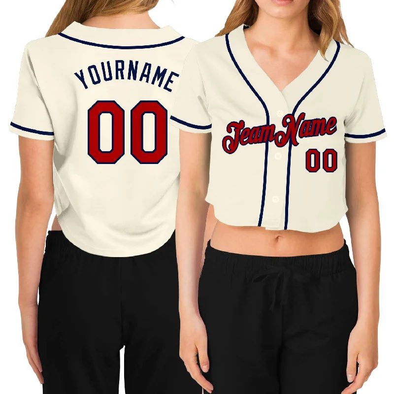 Custom Baseball Jersey for Birthday Parties-Custom Women's Cream Red-Navy V-Neck Cropped Baseball Jersey