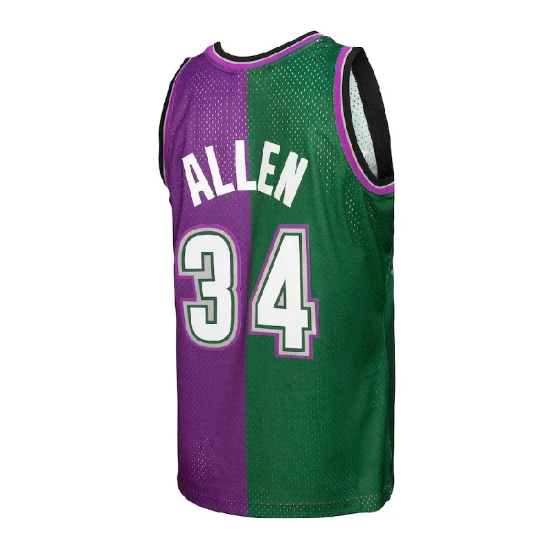 Comfortable Basketball Jersey for Practice Sessions-M.Bucks #34 Ray Allen Mitchell & Ness Hardwood Classics 1996-97 Split Swingman Jersey Green-Purple Stitched American Basketball Jersey