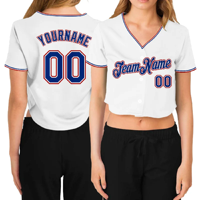 Baseball Jersey with Stitched Team Name-Custom Women's White Royal-Red V-Neck Cropped Baseball Jersey