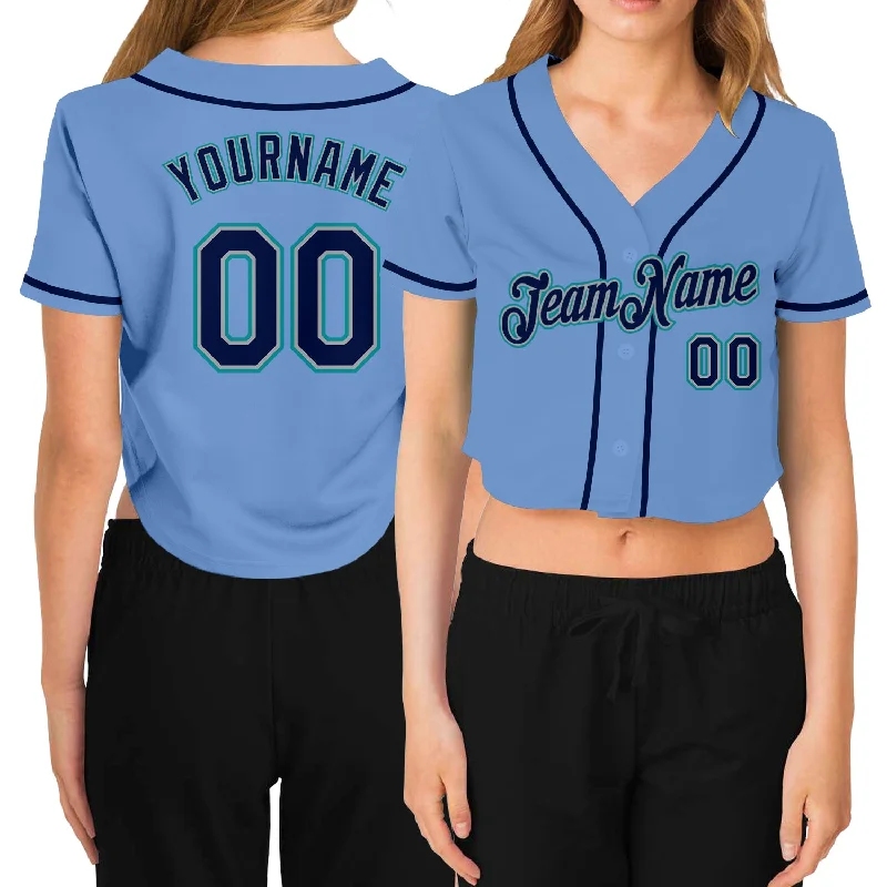 Official Team Baseball Jersey for Supporters-Custom Women's Light Blue Navy Gray-Aqua V-Neck Cropped Baseball Jersey