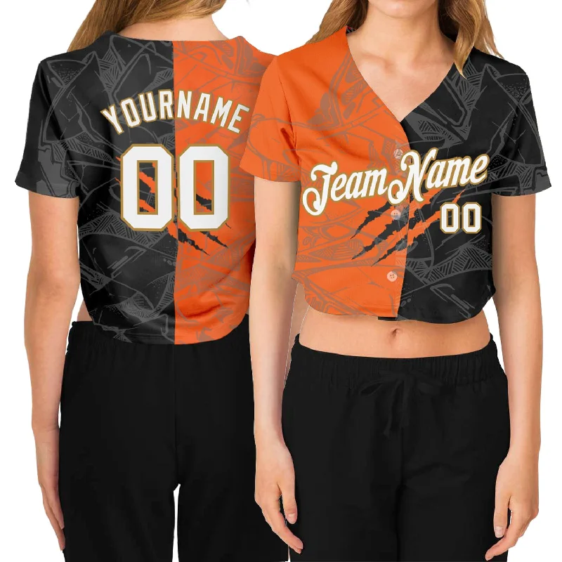 High-Quality Baseball Jersey for All Seasons-Custom Women's Graffiti Pattern White-Old Gold Scratch 3D V-Neck Cropped Baseball Jersey