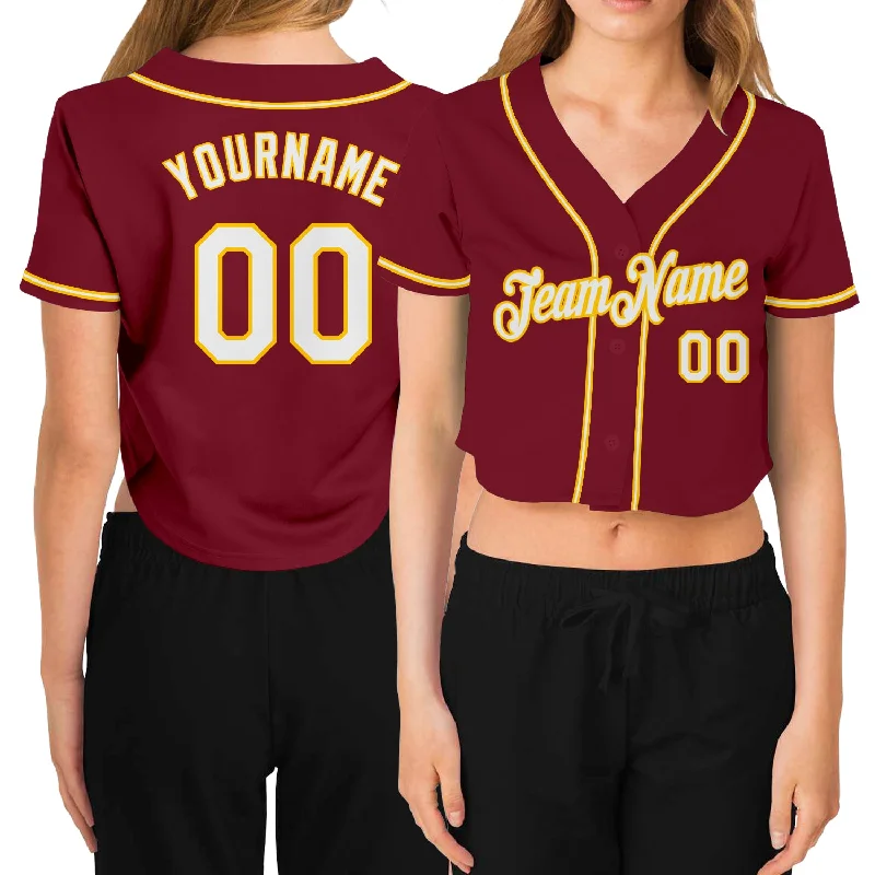 Lightweight Baseball Jersey for Easy Movement-Custom Women's Crimson White-Gold V-Neck Cropped Baseball Jersey