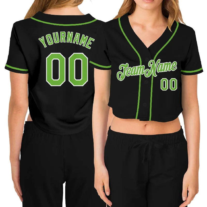 Comfortable and Stylish Baseball Jersey for All Ages-Custom Women's Black Neon Green-White V-Neck Cropped Baseball Jersey