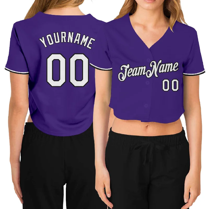 Stylish Baseball Jersey for Streetwear Fashion-Custom Women's Purple White-Black V-Neck Cropped Baseball Jersey