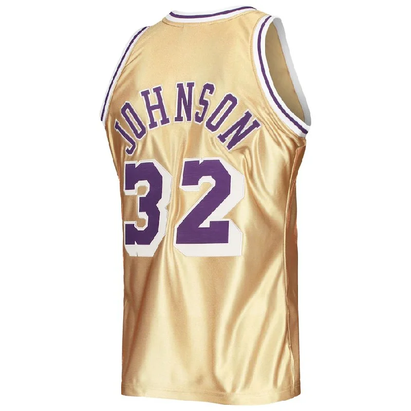 Breathable Basketball Jersey for Active Play-LA.Lakers #32 Magic Johnson Mitchell & Ness 75th Anniversary 1984-85 Hardwood Classics Swingman Jersey Gold Stitched American Basketball Jersey