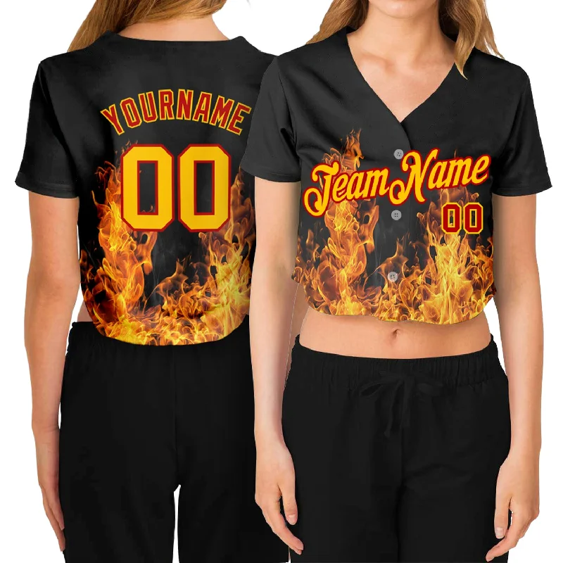 All-Black Baseball Jersey for a Bold Look-Custom Women's Black Gold-Red Flame 3D V-Neck Cropped Baseball Jersey