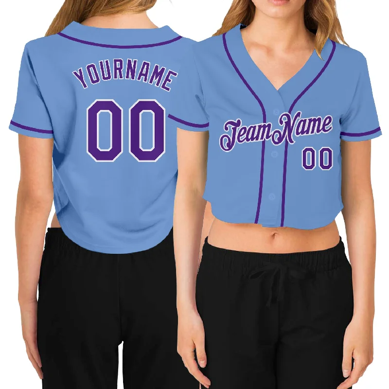 All-Black Baseball Jersey for a Bold Look-Custom Women's Light Blue Purple-White V-Neck Cropped Baseball Jersey