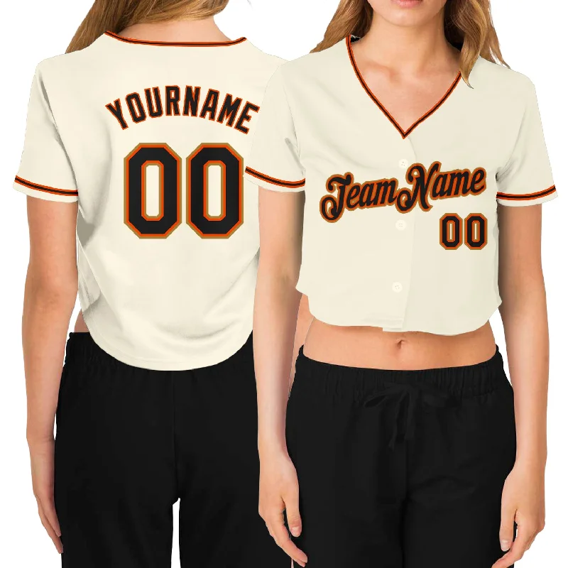 Custom-Made Baseball Jersey for Special Occasions-Custom Women's Cream Black Orange-Old Gold V-Neck Cropped Baseball Jersey