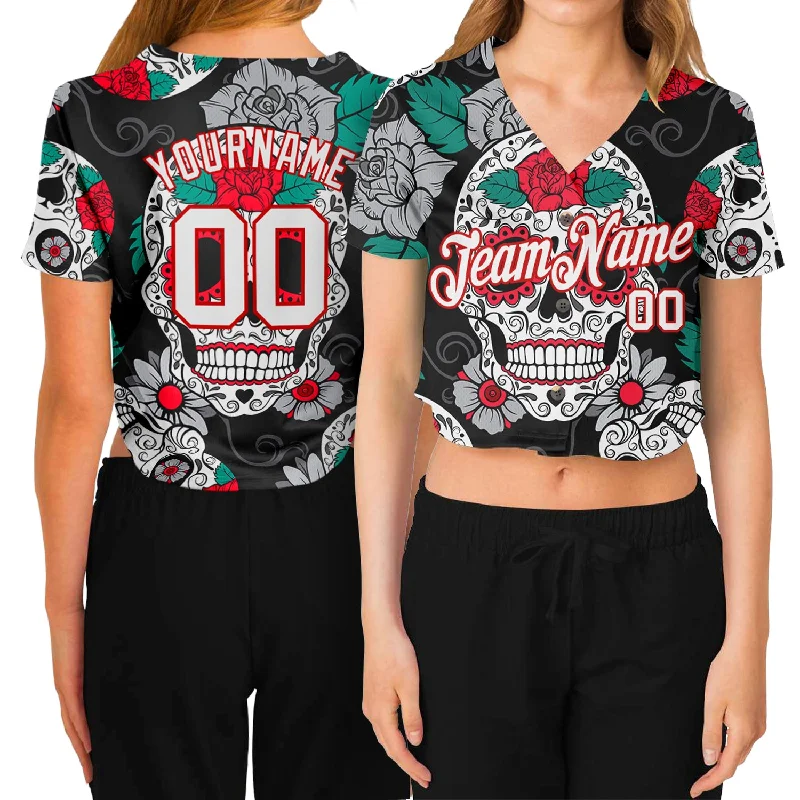 Customizable Baseball Jersey for Your Team-Custom Women's Graffiti Pattern White-Red Skull Fashion 3D V-Neck Cropped Baseball Jersey