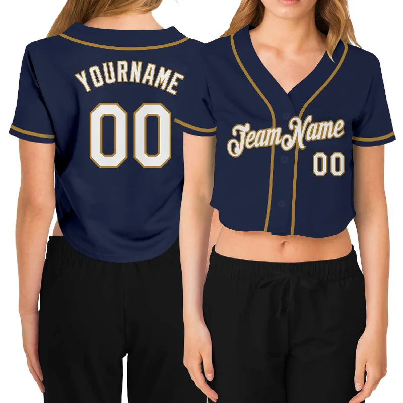 Stylish Mesh Baseball Jersey for Easy Movement-Custom Women's Navy White-Old Gold V-Neck Cropped Baseball Jersey