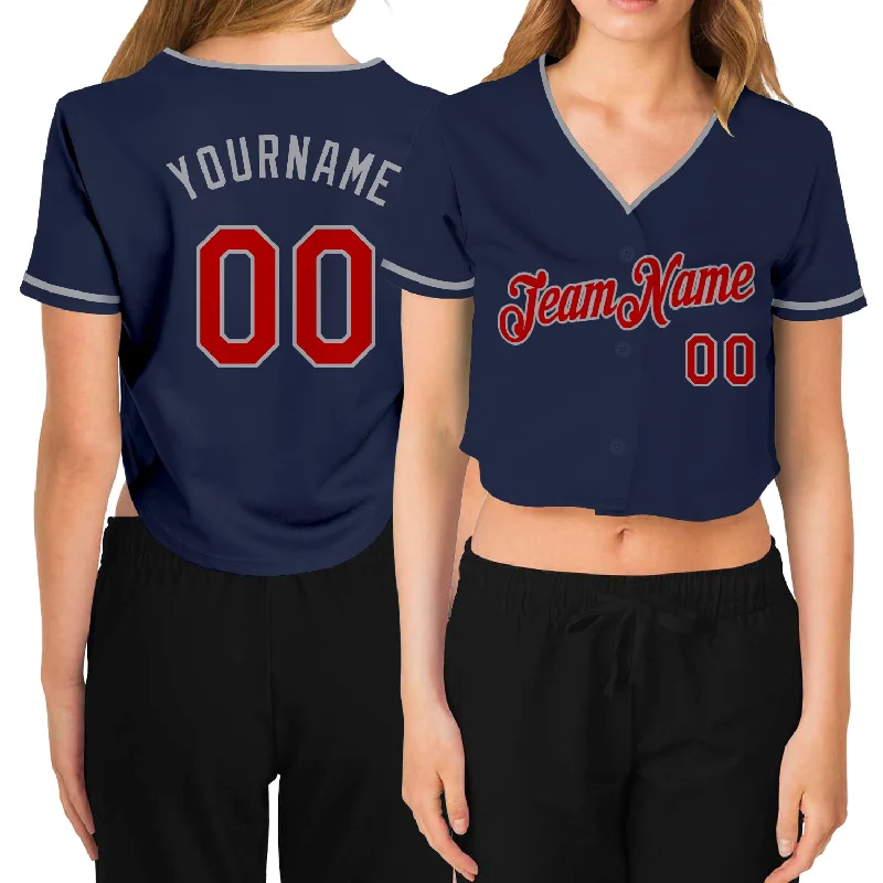 Custom Baseball Jersey with Your Own Text-Custom Women's Navy Red-Gray V-Neck Cropped Baseball Jersey