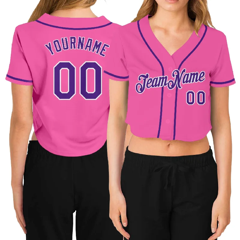 Comfortable Jersey for League Baseball Play-Custom Women's Pink Purple-White V-Neck Cropped Baseball Jersey