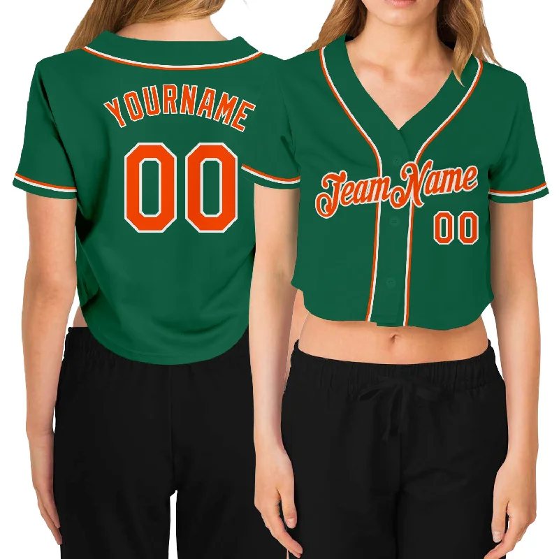 Baseball Jersey for Casual Everyday Wear-Custom Women's Kelly Green Orange-White V-Neck Cropped Baseball Jersey