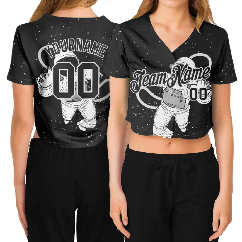 Baseball Jersey for Family Sports Day Events-Custom Women's Black Black-White Astronaut 3D V-Neck Cropped Baseball Jersey