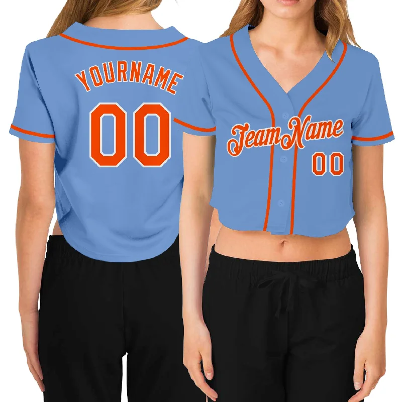 Colorful Baseball Jersey for Fun Outfits-Custom Women's Light Blue Orange-White V-Neck Cropped Baseball Jersey