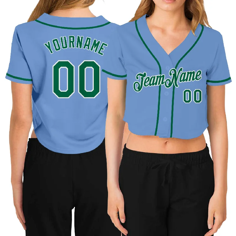 Trendy Baseball Jersey for Casual Wear-Custom Women's Light Blue Kelly Green-White V-Neck Cropped Baseball Jersey