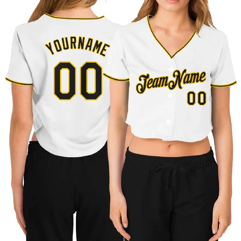 Baseball Jersey with Number and Name on Back-Custom Women's White Black-Gold V-Neck Cropped Baseball Jersey