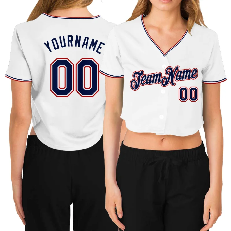 Custom Design Baseball Jersey for Unique Looks-Custom Women's White Navy-Red V-Neck Cropped Baseball Jersey