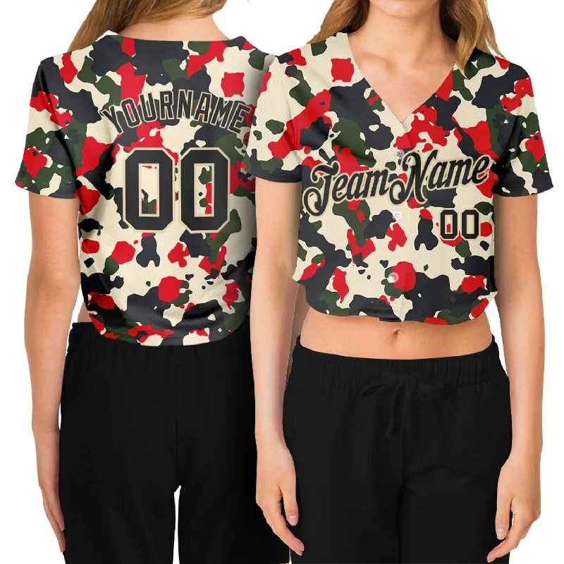 Custom Baseball Jersey for Team Players-Custom Women's Camo Black-Cream Salute To Service V-Neck Cropped Baseball Jersey