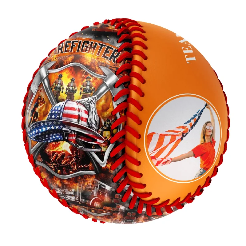 Baseball with Synthetic Cover for Long-Lasting Use-Personalized Bay Orange American Flag Firefighter Photo Baseballs