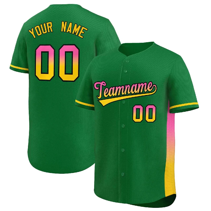 Soft Cotton Blend Baseball Jersey for Comfort-Custom Kelly Green Pink-Gold Personalized Gradient Font And Side Design Authentic Baseball Jersey