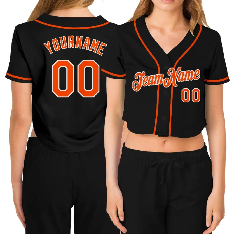 Unique Baseball Jersey for Personal Style-Custom Women's Black Orange-White V-Neck Cropped Baseball Jersey