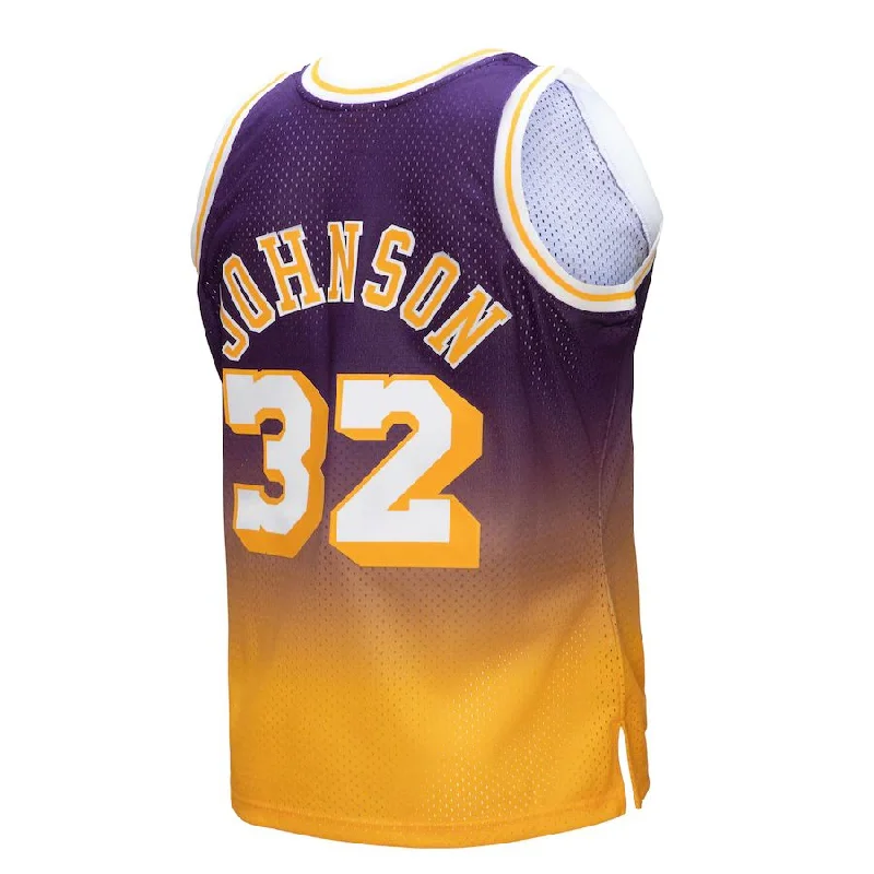 Basketball Jersey with Performance Enhancing Features-LA.Lakers #32 Magic Johnson Mitchell & Ness 1984-85 Hardwood Classics Fadeaway Swingman Player Jersey Gold Purple Stitched American Basketball Jersey