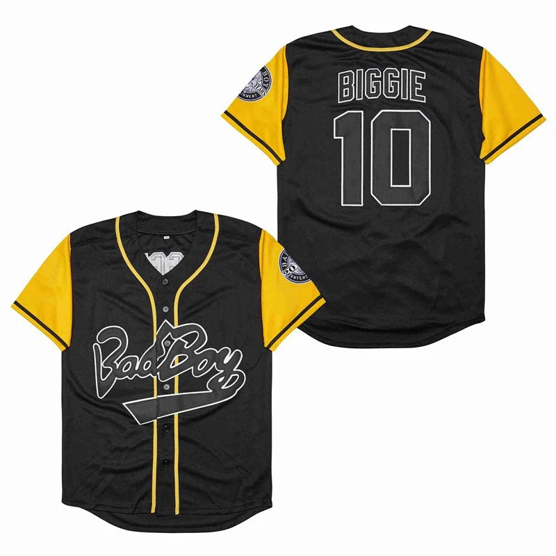 Personalized Name Baseball Jersey for Fans-Biggie Smalls Bad Boy Baseball Jersey #10 Black Color Yollow sleeves