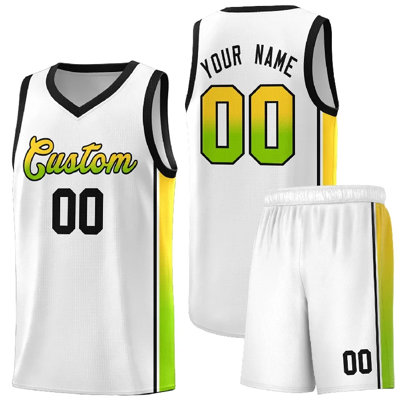 Basketball Jersey for High School and College Players-Custom White Gold-Neon Green Gradient Fashion Sports Uniform Basketball Jersey