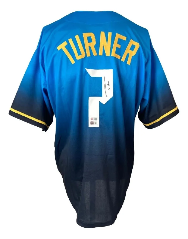 Baseball Jersey with Adjustable Fit for Comfort-Trea Turner Philadelphia Signed Alternate Blue Baseball Jersey BAS ITP