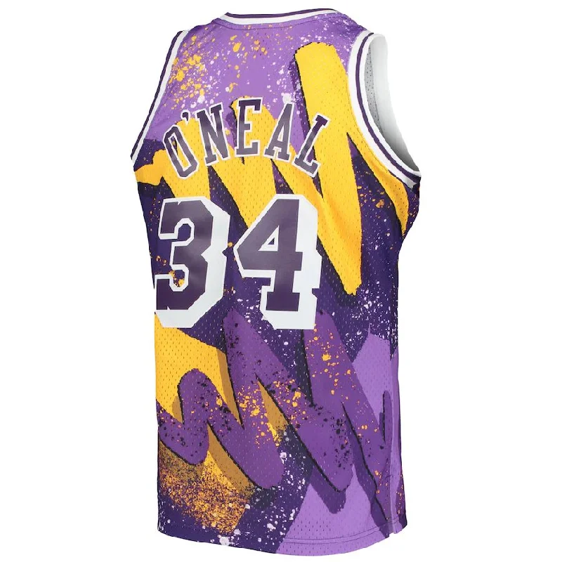 Basketball Jersey for Family Sports Events-LA.Lakers #34 Shaquille O'Neal Mitchell & Ness Hardwood Classics 1996-97 Hyper Hoops Swingman Jersey Purple Stitched American Basketball Jersey